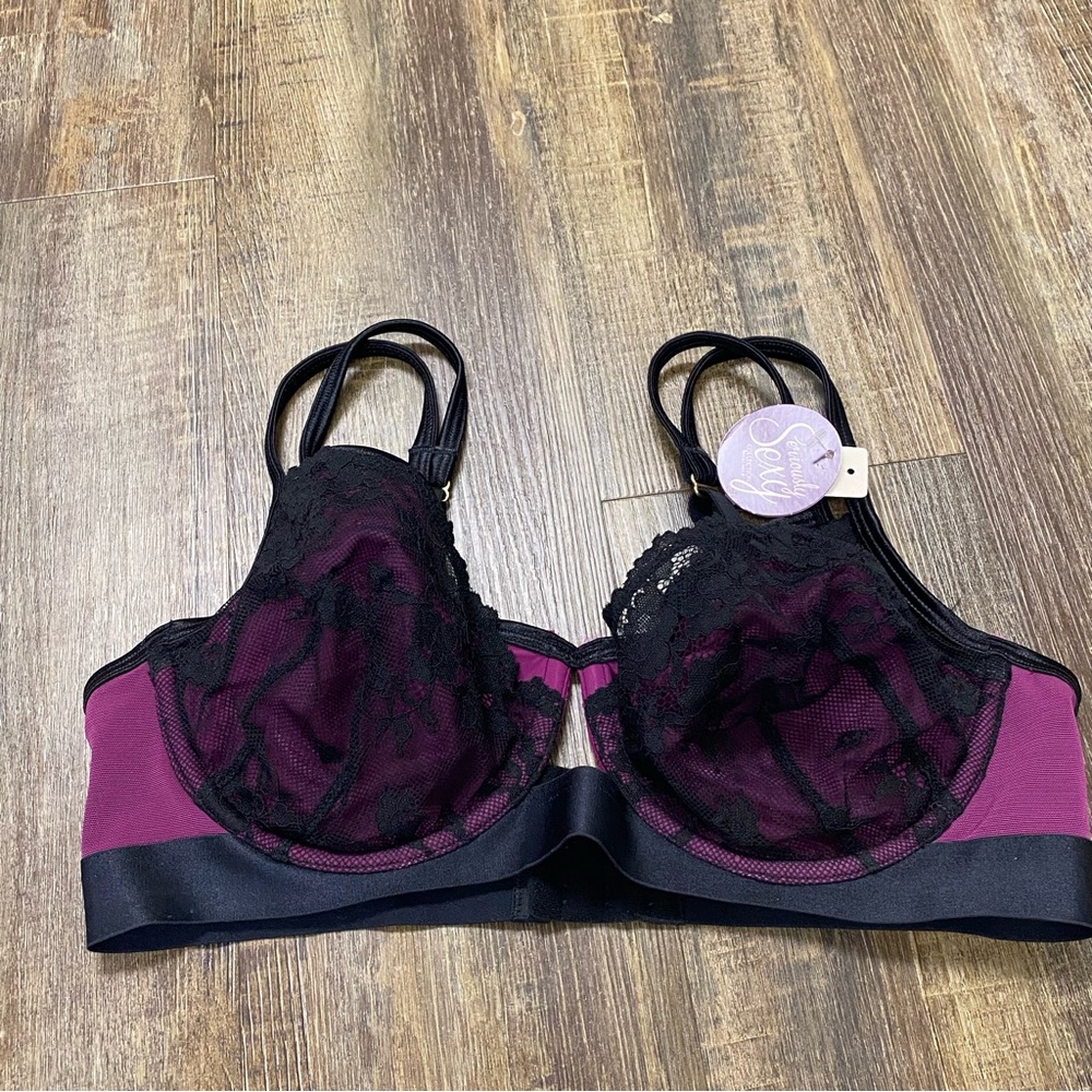 Cacique Elegant Black‎ and Purple Lace Bra Seriously Sexy Collection Size 38D